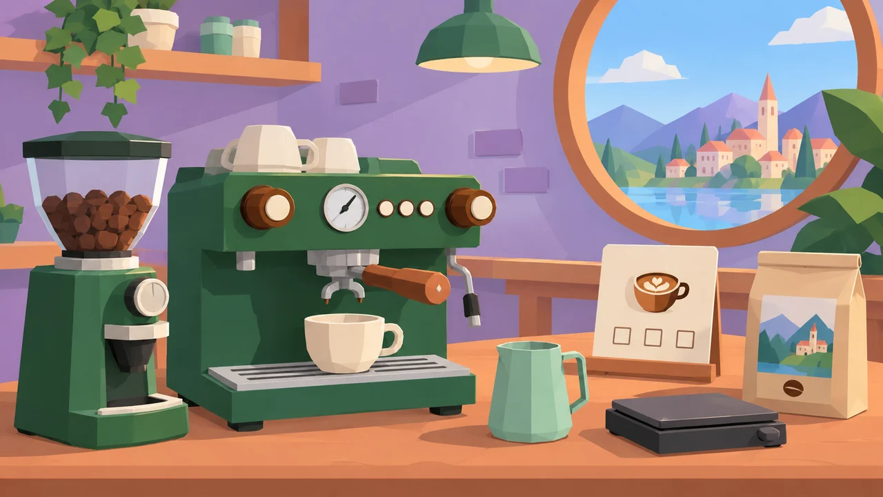 Cartoon brewing simulator showing a simple espresso machine, grinder and coffee-making tools