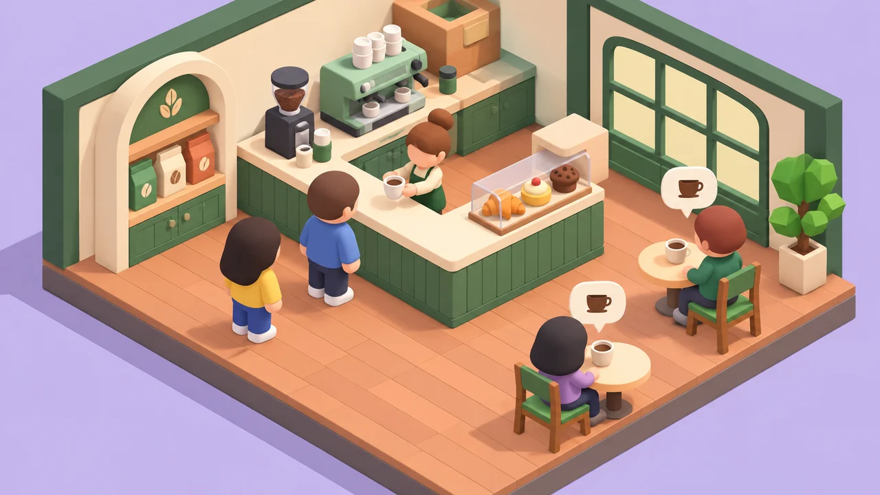 Isometric cartoon café management game with a barista, customers and coffee stations