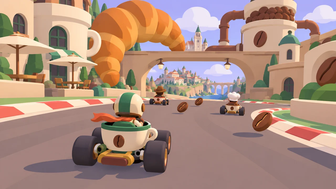 Cartoon coffee-cup karts racing through a pastel coffee town